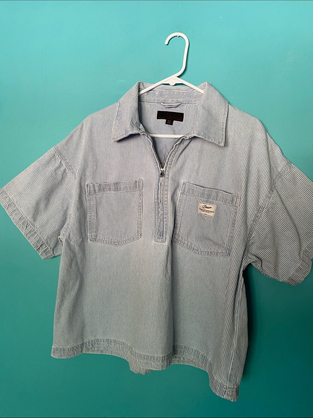 Zara Denim Stripe Top Half Zip Crop L